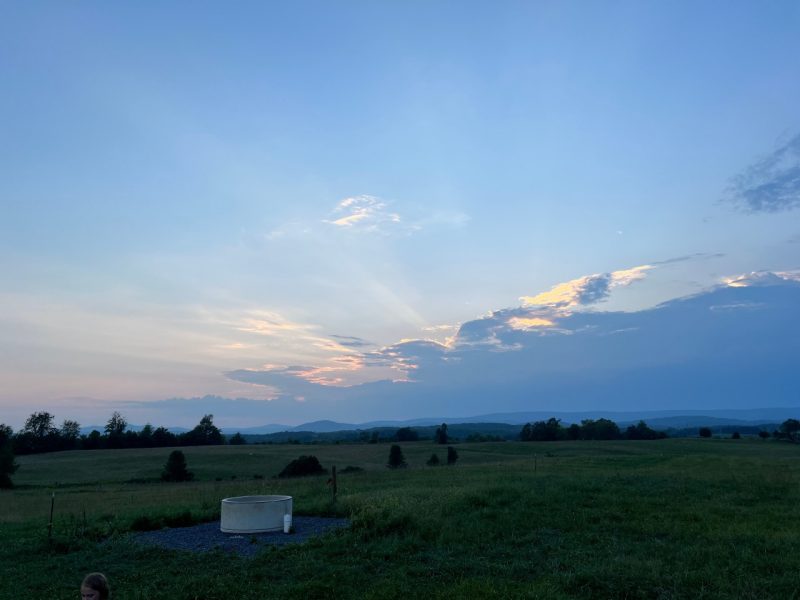 sunset over a green pasture, blue mountains 